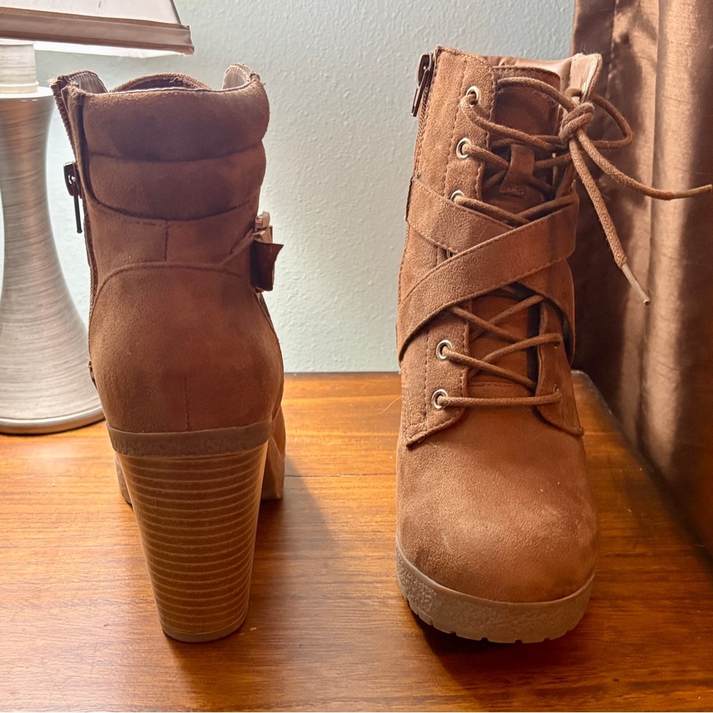 JustFab Tan Lace-Up Heeled Boots - Picture 3 of 4